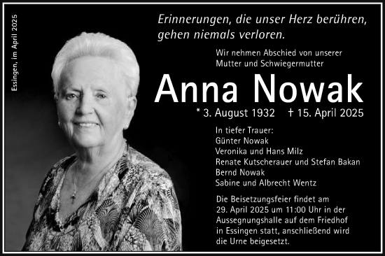 Traueranzeige von Anna Nowak von Schwäbische Post
