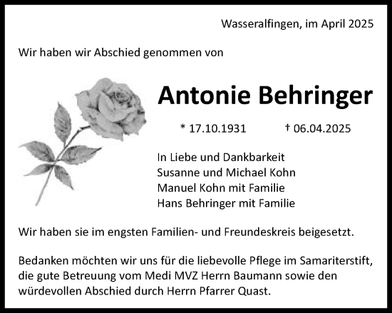 Traueranzeige von Antonie Behringer von Schwäbische Post