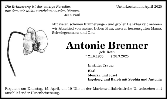 Traueranzeige von Antonie Brenner von Schwäbische Post