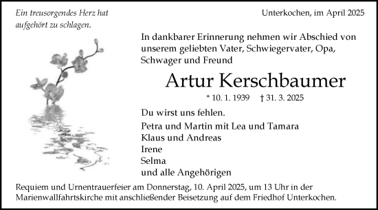 Traueranzeige von Artur Kerschbaumer von Schwäbische Post