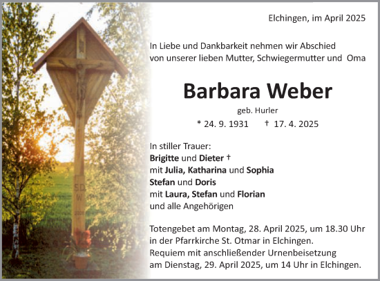 Traueranzeige von Barbara Weber von Schwäbische Post