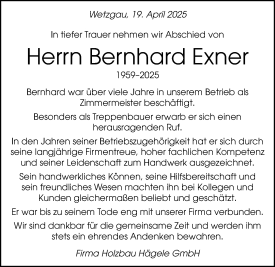 Traueranzeige von Bernhard Exner von Gmünder Tagespost