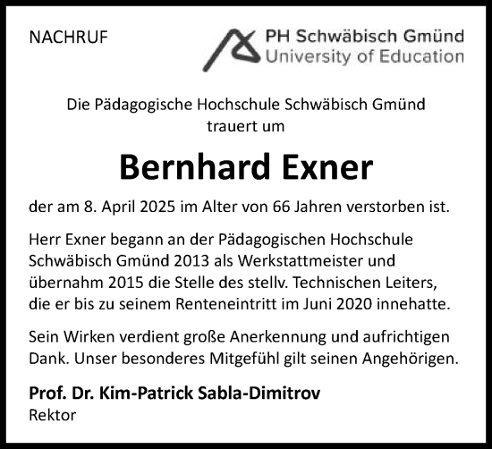 Traueranzeige von Bernhard Exner von Gmünder Tagespost