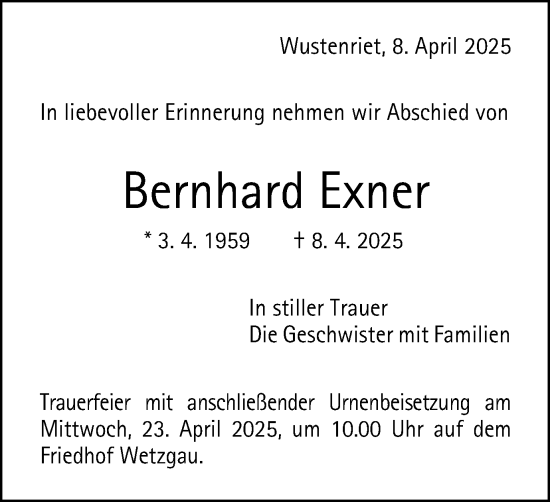 Traueranzeige von Bernhard Exner von Gmünder Tagespost