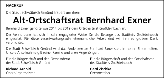 Traueranzeige von Bernhard Exner von Gmünder Tagespost