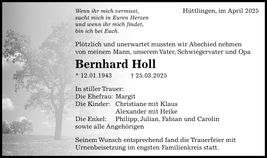 Traueranzeige von Bernhard Holl von Schwäbische Post