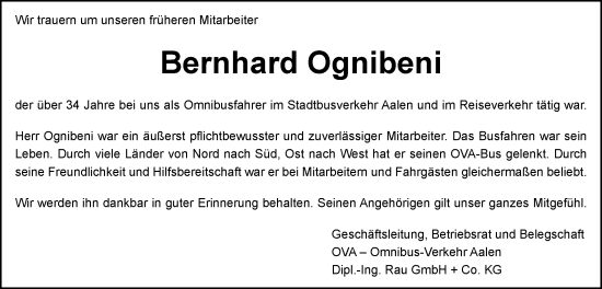 Traueranzeige von Bernhard Ognibeni von Schwäbische Post