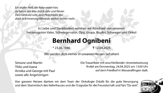 Traueranzeige von Bernhard Ognibeni von Schwäbische Post