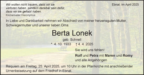 Traueranzeige von Berta Lonek von Schwäbische Post