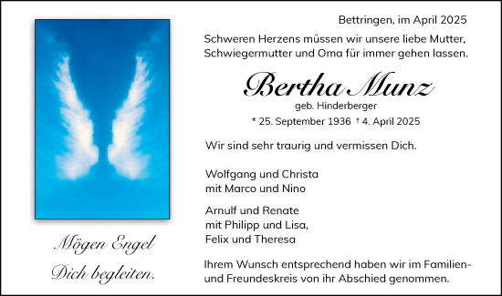 Traueranzeige von Bertha Murz von Gmünder Tagespost