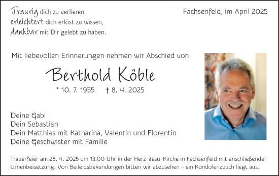 Traueranzeige von Berthold Köble von Schwäbische Post