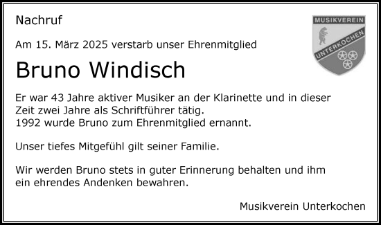 Traueranzeige von Bruno Windisch von Schwäbische Post