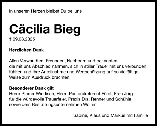 Traueranzeige von Cäcilia Bieg von Schwäbische Post