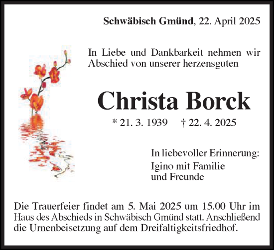 Traueranzeige von Christa Borck von Gmünder Tagespost