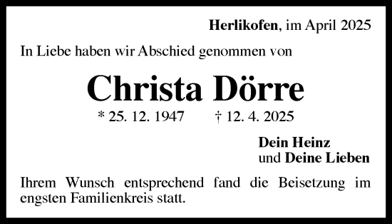 Traueranzeige von Christa Dörre von Gmünder Tagespost