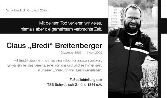 Traueranzeige von Claus Breitenberger von Gmünder Tagespost