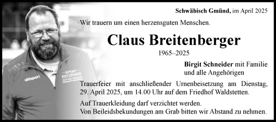 Traueranzeige von Claus Breitenberger von Gmünder Tagespost