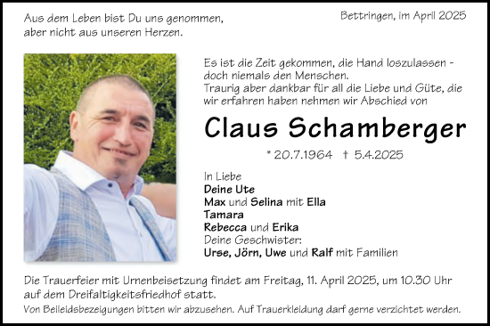 Traueranzeige von Claus Schamberger von Gmünder Tagespost