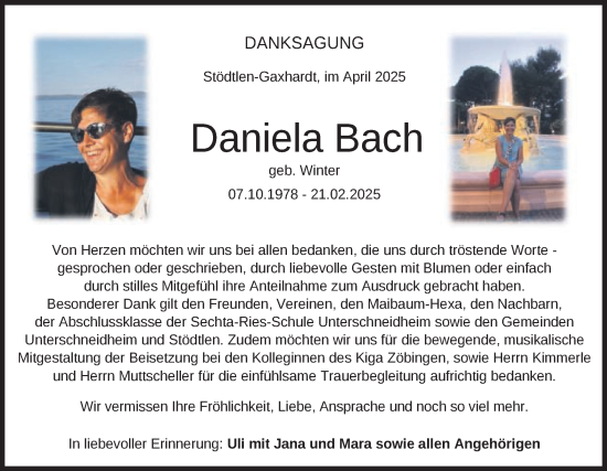 Traueranzeige von Daniela Bach von Schwäbische Post