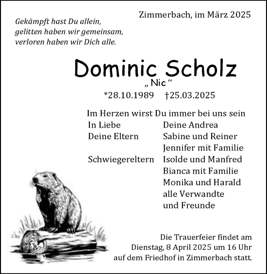 Traueranzeige von Dominic Scholz von Gmünder Tagespost
