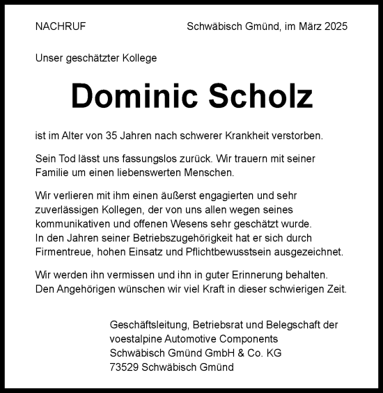 Traueranzeige von Dominic Scholz von Gmünder Tagespost