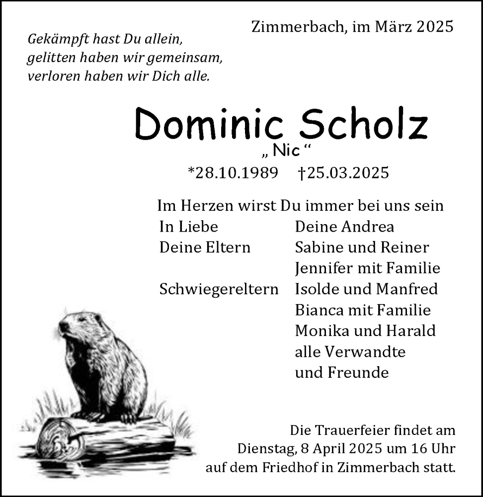  Traueranzeige für Dominic Scholz vom 02.04.2025 aus Gmünder Tagespost