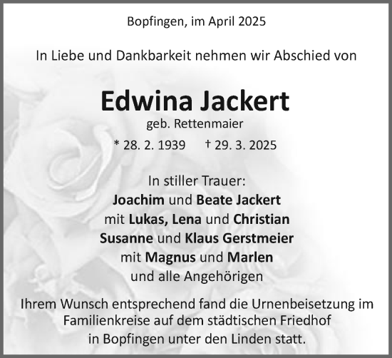 Traueranzeige von Edwina Jackert von Schwäbische Post