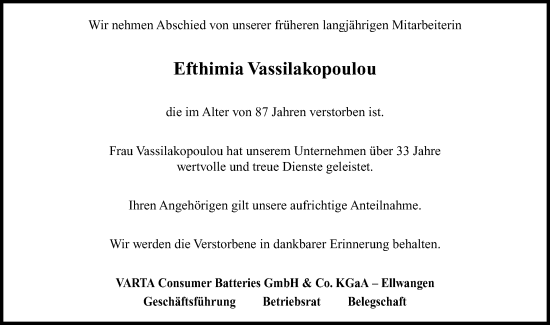 Traueranzeige von Efthimia Vassilakopoulou von Schwäbische Post