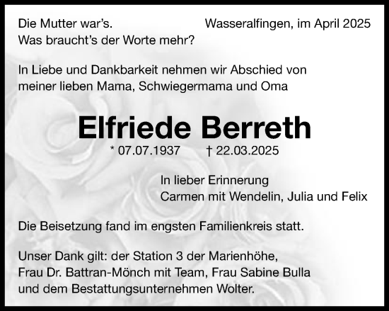 Traueranzeige von Elfriede Berreth von Schwäbische Post