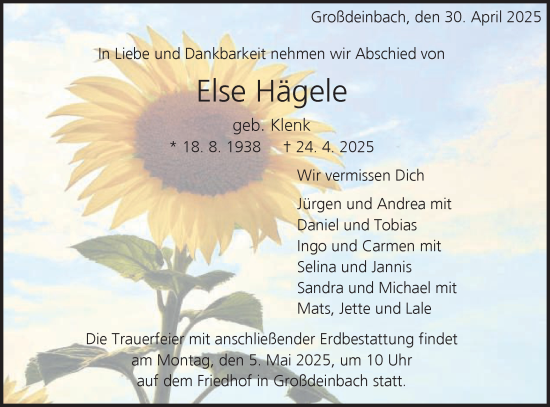 Traueranzeige von Else Hägele von Gmünder Tagespost