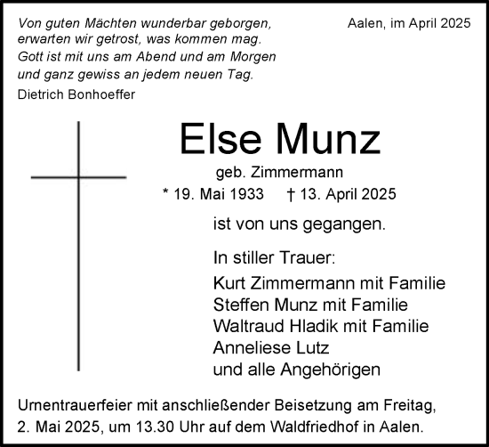 Traueranzeige von Else Munz von Schwäbische Post