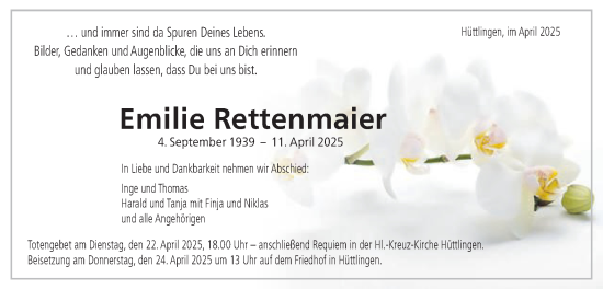 Traueranzeige von Emilie Rettenmaier von Schwäbische Post