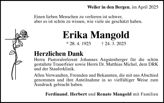 Traueranzeige von Erika Mangold von Gmünder Tagespost