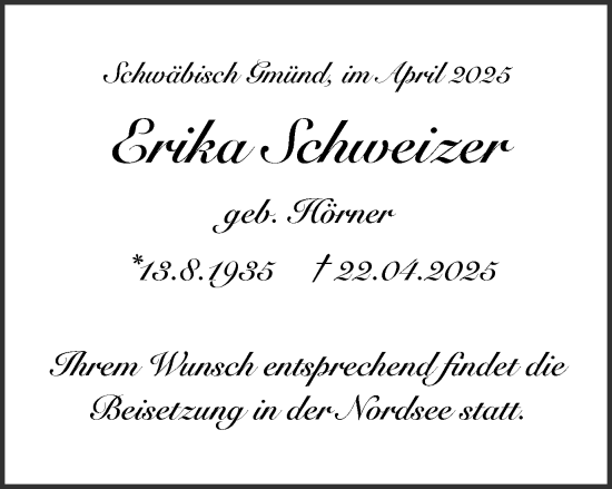 Traueranzeige von Erika Schweizer von Gmünder Tagespost