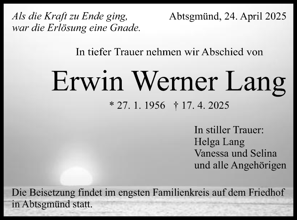  Traueranzeige für Erwin Werner Lang vom 24.04.2025 aus Schwäbische Post