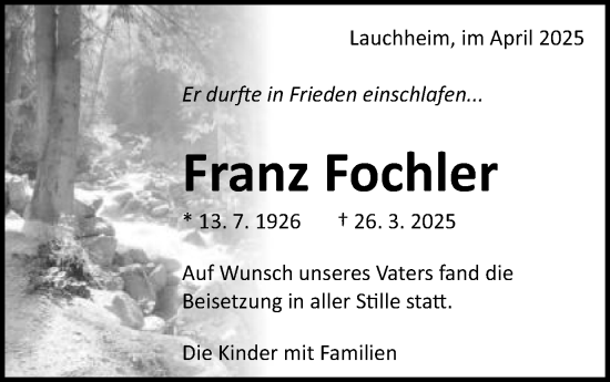 Traueranzeige von Franz Fochler von Schwäbische Post