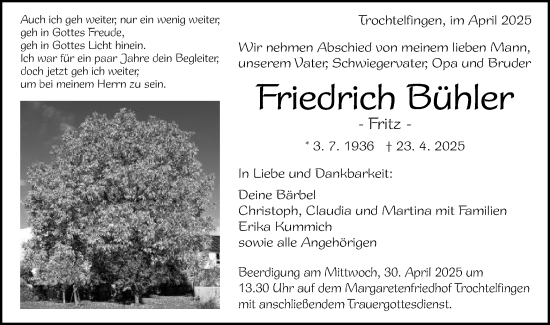 Traueranzeige von Friedrich Bühler von Schwäbische Post