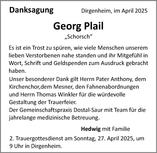 Traueranzeige von Georg Plail von Schwäbische Post
