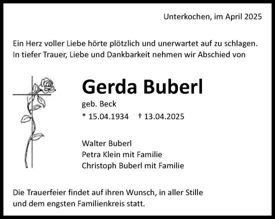 Traueranzeige von Gerda Buberl von Schwäbische Post