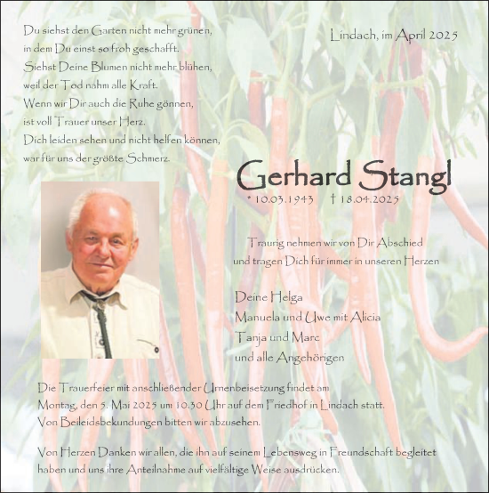 Traueranzeige von Gerhard Stangl von Gmünder Tagespost