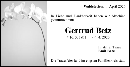 Traueranzeige von Gertrud Betz von Gmünder Tagespost