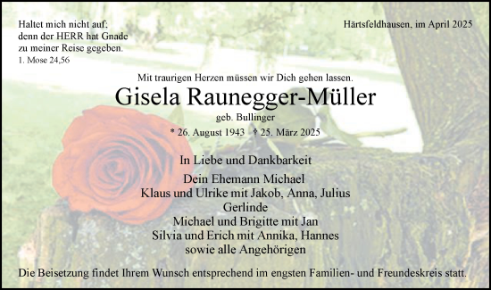 Traueranzeige von Gisela Raunegger-Müller von Schwäbische Post