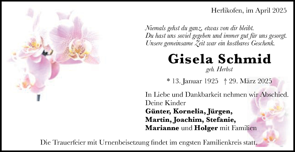  Traueranzeige für Gisela Schmid vom 05.04.2025 aus Gmünder Tagespost