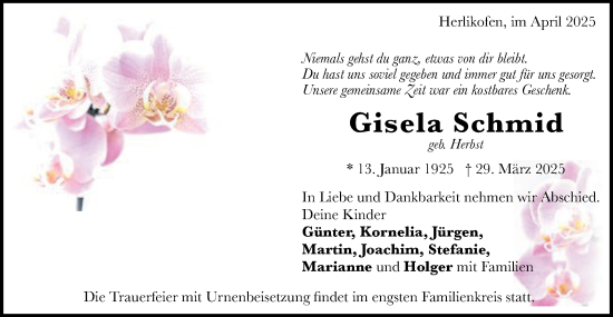 Traueranzeige von Gisela Schmid von Gmünder Tagespost