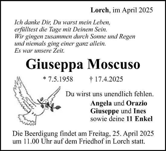 Traueranzeige von Giuseppa Moscuso von Gmünder Tagespost