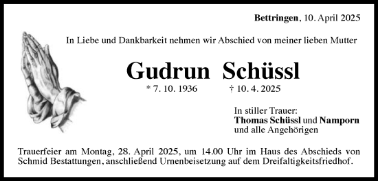 Traueranzeige von Gudrun Schüssl von Gmünder Tagespost
