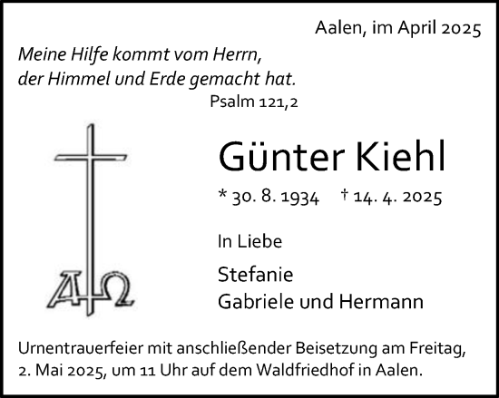 Traueranzeige von Günter Kiehl von Schwäbische Post