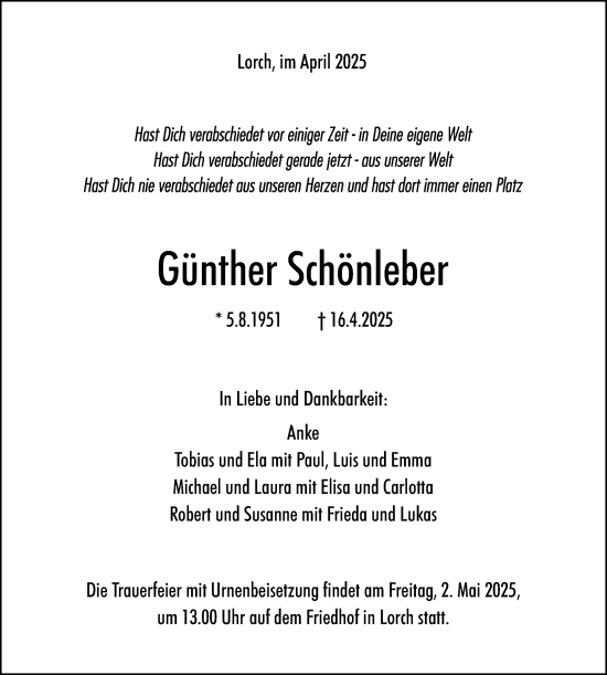 Traueranzeige von Günther Schönleber von Gmünder Tagespost