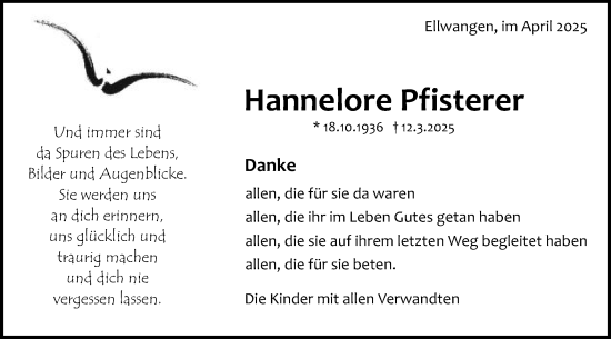 Traueranzeige von Hannelore Pfisterer von Schwäbische Post