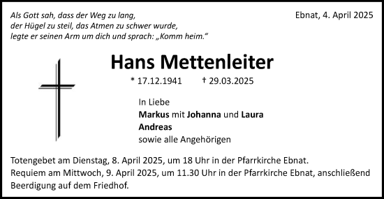 Traueranzeige von Hans Mettenleiter von Schwäbische Post